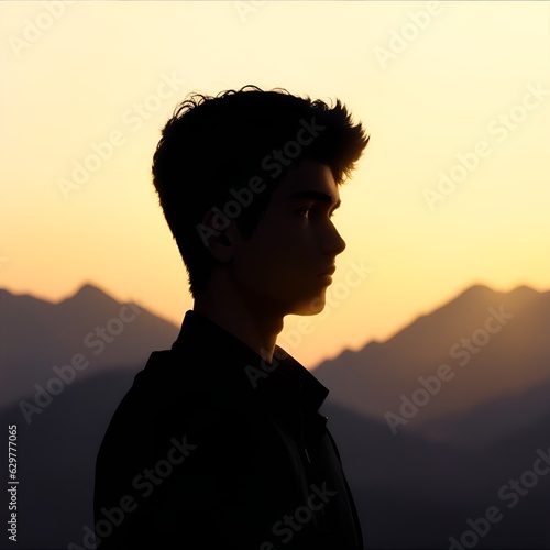 A silhouette of a boy against a sunset background