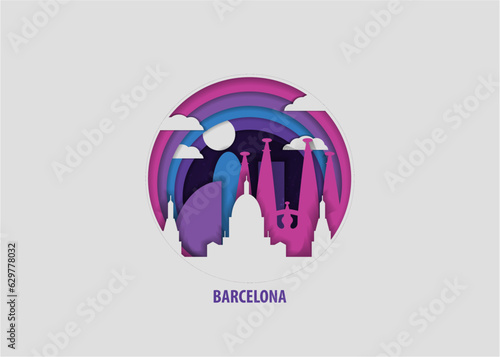 Spain Barcelona creative paper cut layer craft vector illustration. Origami style city skyline travel art in depth illusion