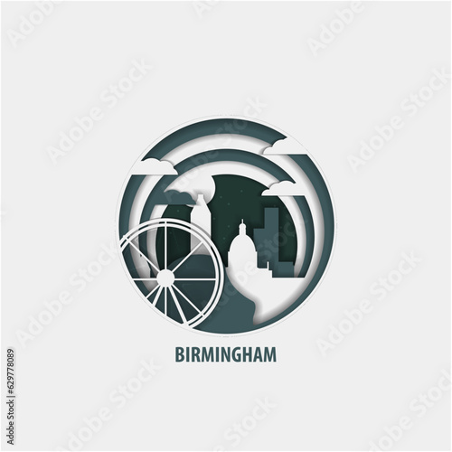 UK United Kingdom Birmingham creative paper cut layer craft vector illustration. Origami style England city skyline travel art in depth illusion