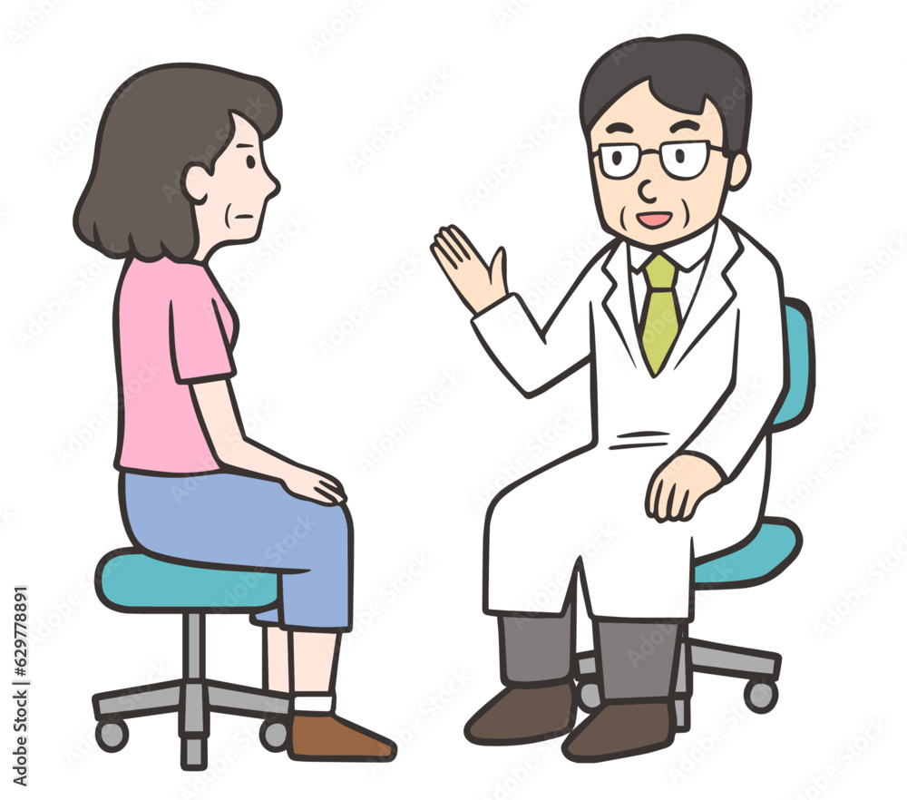 患者に説明をする医師と話を聞く中年女性の患者 患者に説明をする医師と話を聞く中年女性の患者