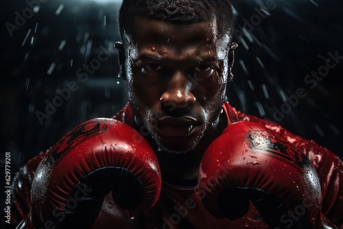 An emotive image of a determined boxer, frozen in action in a dimly lit gym, encapsulating the resilience and struggle of his rigorous training.