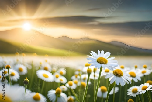 field of daisies and sunset by Generated with AI technology