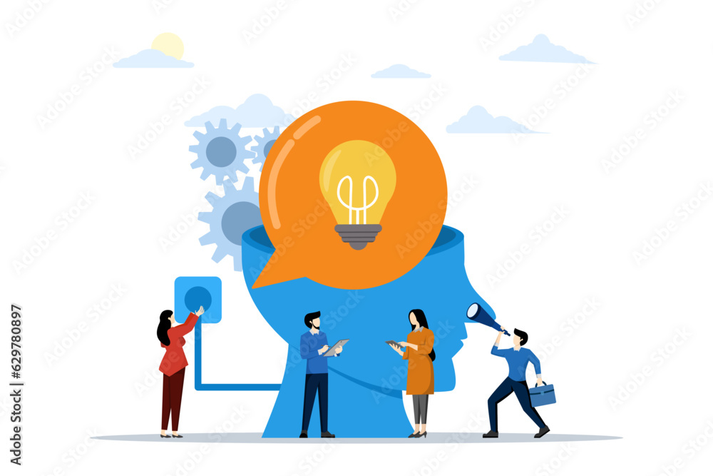 Business concept vector illustration, network connection, idea pop up, symbol of creativity, creative idea, thinking, team work generate idea or solution in business. big head with idea light bulb. Business concept vector illustration, network connection, idea pop up, symbol of creativity, creative idea, thinking, team work generate idea or solution in business. big head with idea light bulb.