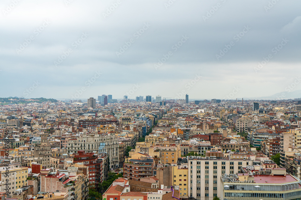 Beautiful city view of Barcelona on a gloomy afternoon