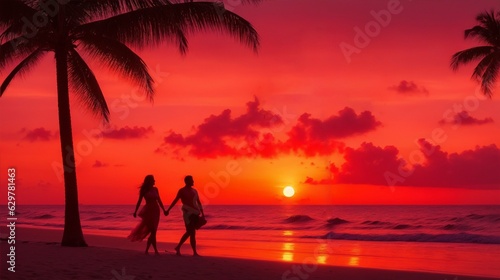 Silhouette of a couple on the beach  Generative ia