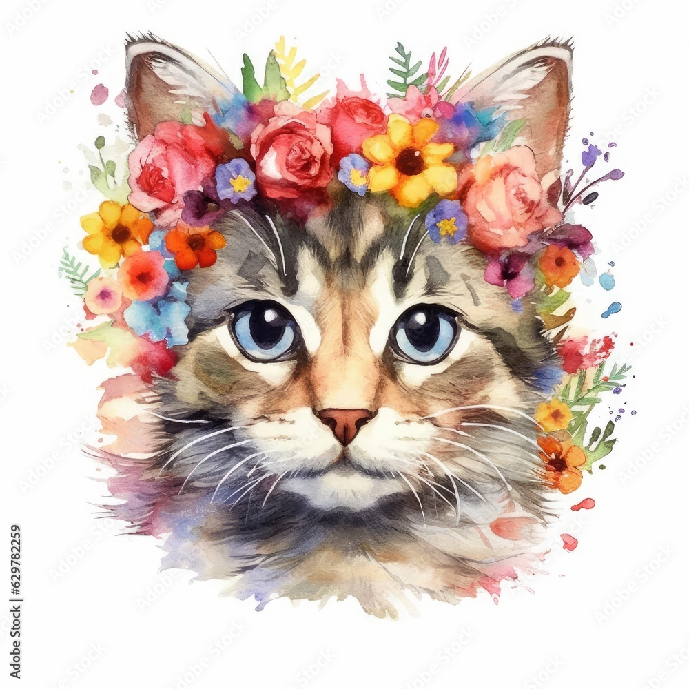 Fototapeta Watercolor illustration of a cute cat wearing a flower crown on its head