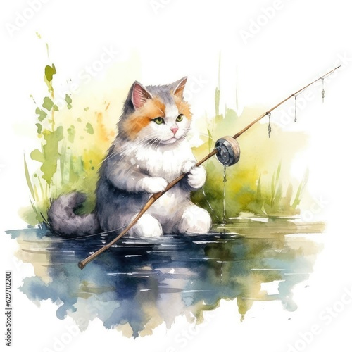 Watercolor illustration of a watercolor painting capturing a cat's fishing adventure