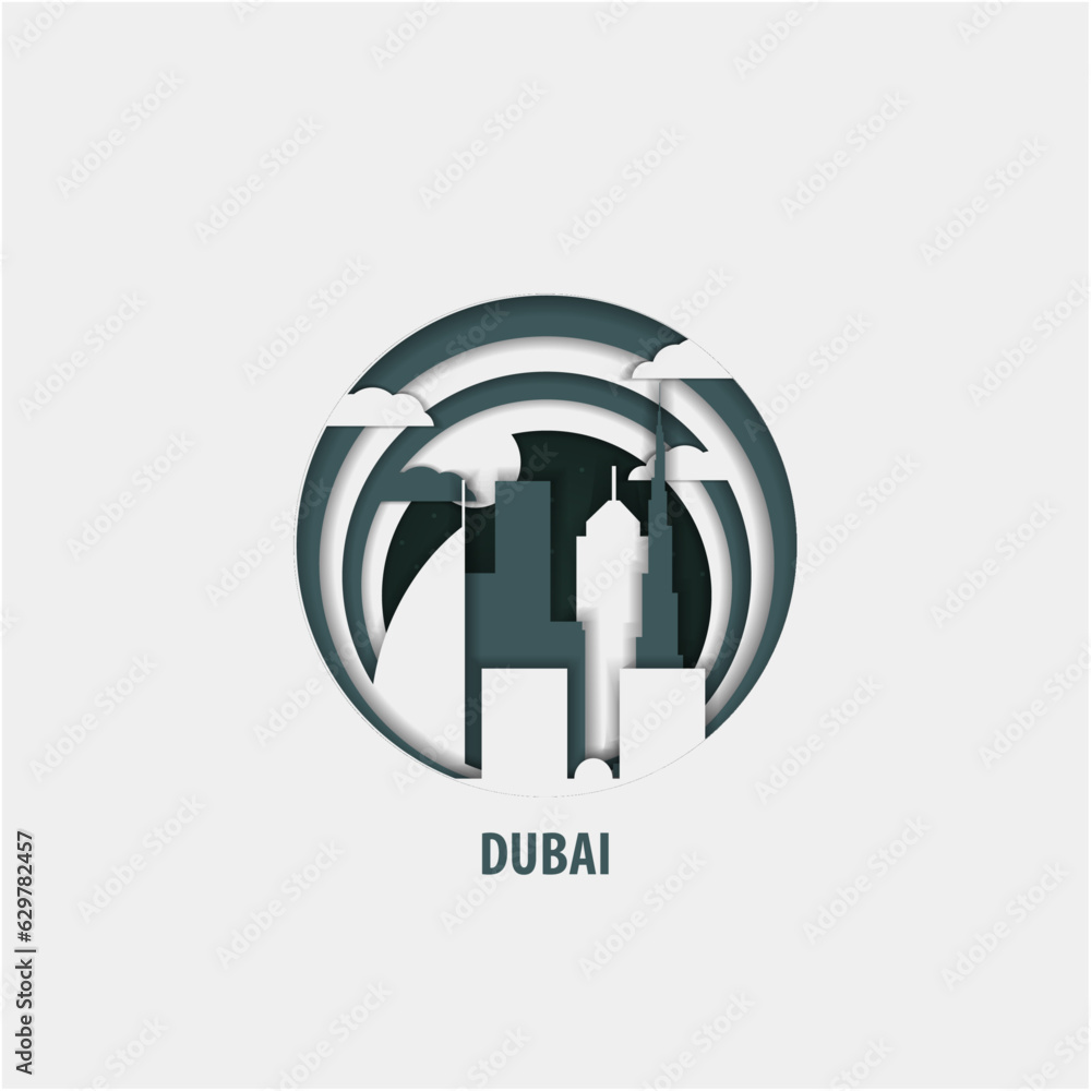 UAE Dubai сreative paper cut layer craft vector illustration. Origami style United Arab Emirates city skyline travel art in depth illusion UAE Dubai сreative paper cut layer craft vector illustration. Origami style United Arab Emirates city skyline travel art in depth illusion