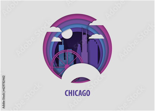USA United States Chicago creative paper cut layer craft vector illustration. Origami style Illinois state city skyline travel art in depth illusion