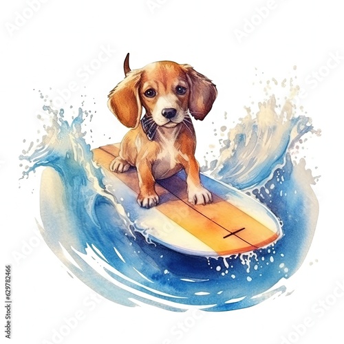 Watercolor illustration of a dog sitting on a surfboard in the wate