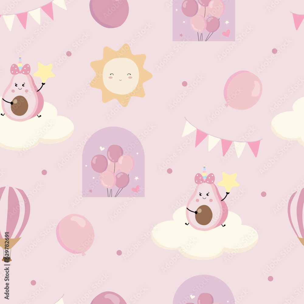 Baby shower seamless pattern  for girl with sky,balloon, sun,avocado