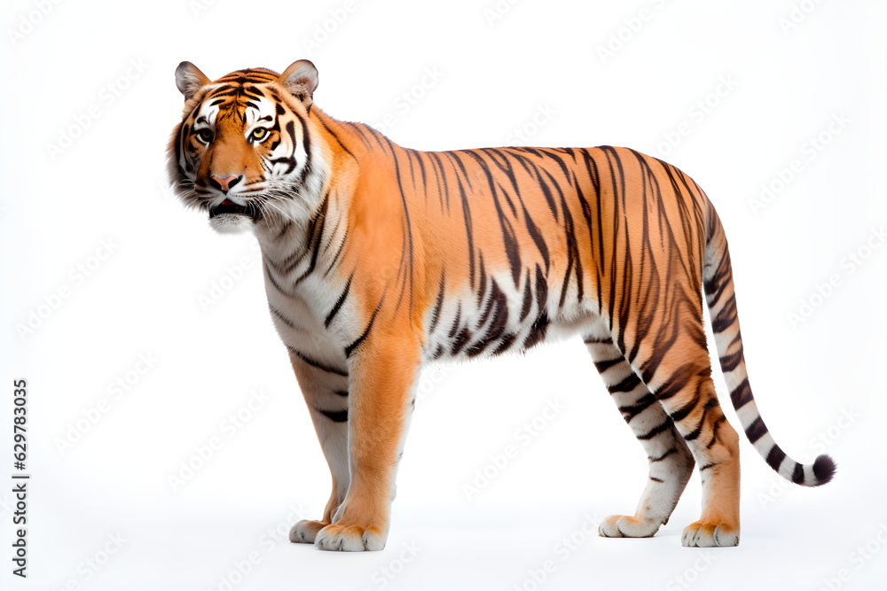 Tiger isolated on white background. Animal left side portrait.