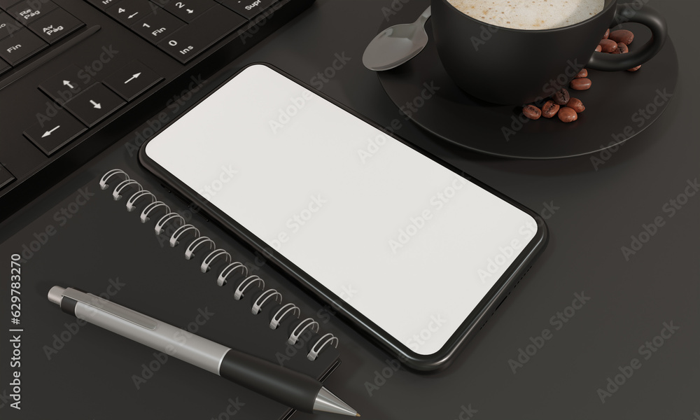 Black office desk table with laptop, smartphone and supplies. telephone mockup. interior design concept. 3d rendering. Black office desk table with laptop, smartphone and supplies. telephone mockup. interior design concept. 3d rendering.