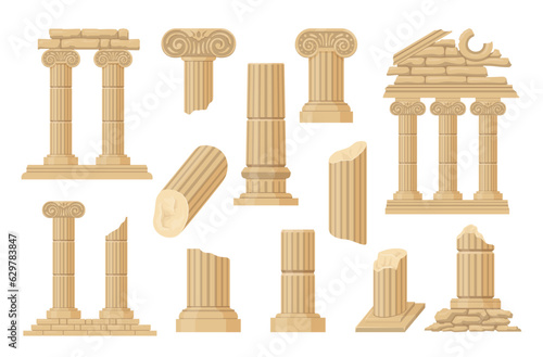 Ancient ruin cracked stone building monument of lost city history architecture set isometric vector
