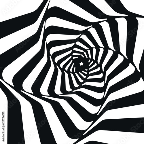 Psychedelic optical illusion twisted black white stripes distorted lines surface isometric vector