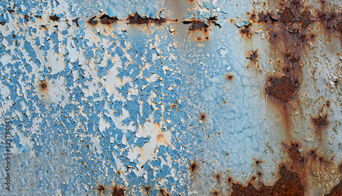 Rusty metal surface with blue and white cracked paint