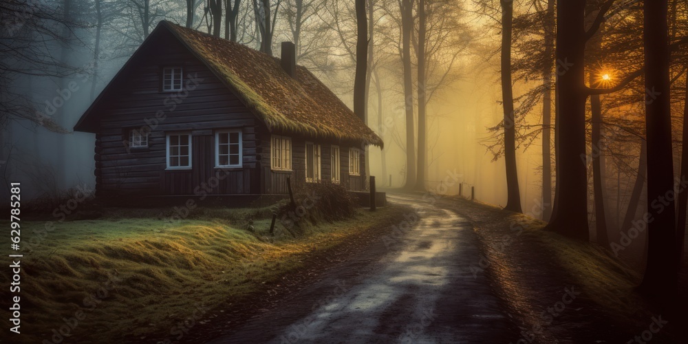 House made of wood in the autumn forest in the rays of sunset near the ...