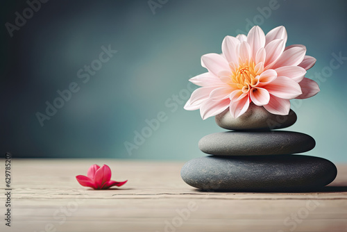 Stack of black zen stones with pink dahlia flower