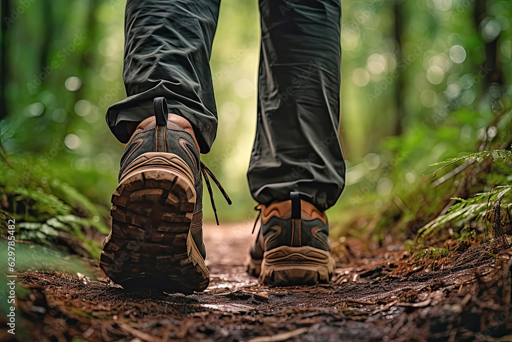 Man walking on the trail in a forest, close-up of a shoes Man walking on the trail in a forest, close-up of a shoes