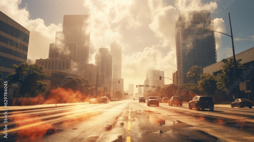 heatwave in a city, with mirage effects visible on the hot asphalt generative ai