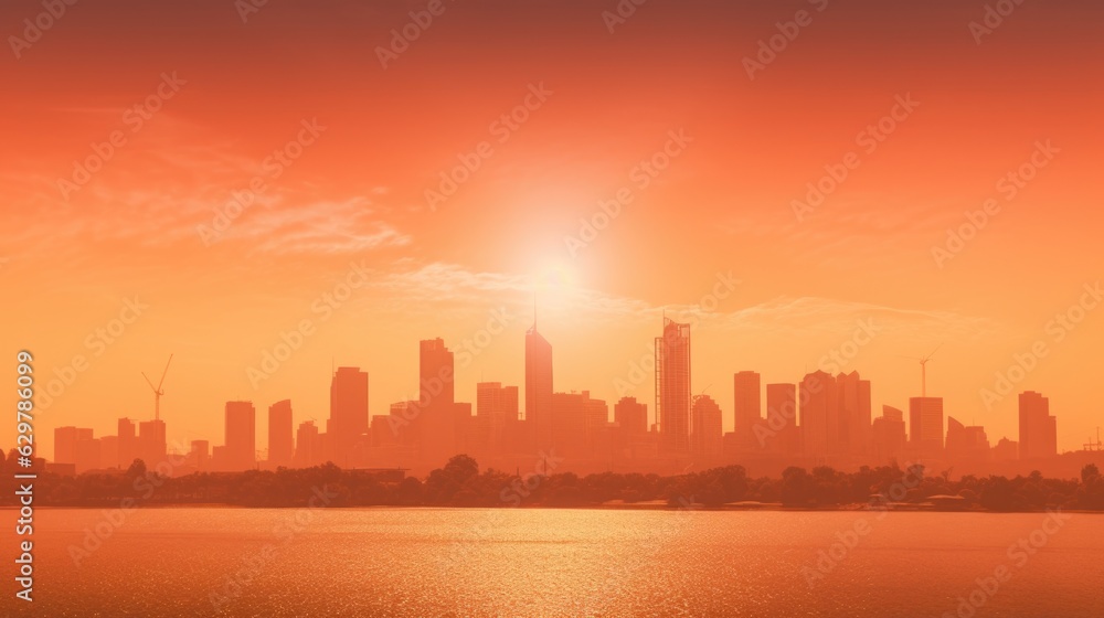 Fototapeta premium city skyline during a heatwave, with heat haze visible generative ai