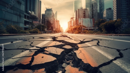 city street cracked and damaged after an earthquake generative ai photo