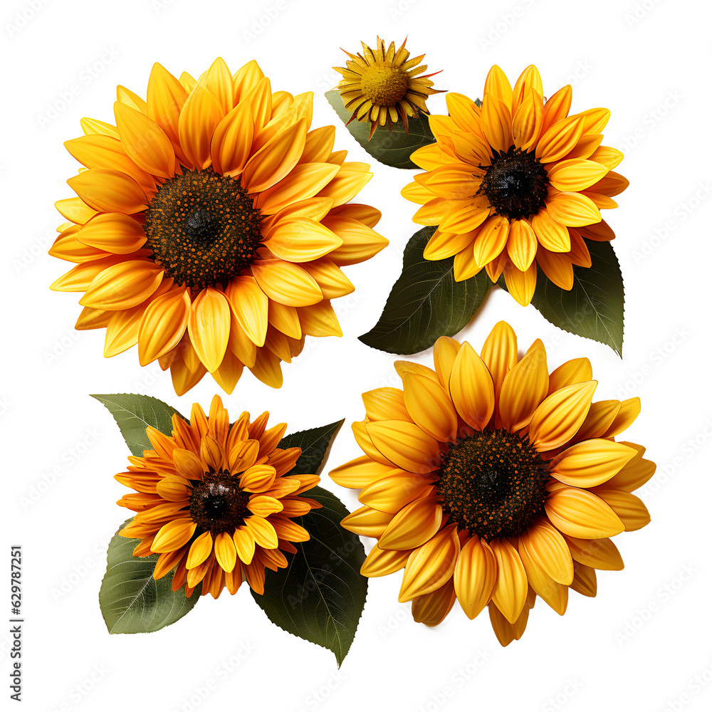 Obraz premium set sunflower 3d realistic on transparent background cutout, PNG file.