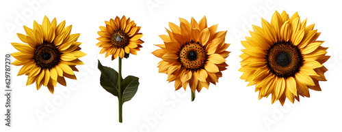 set sunflower 3d realistic on transparent background cutout, PNG file.