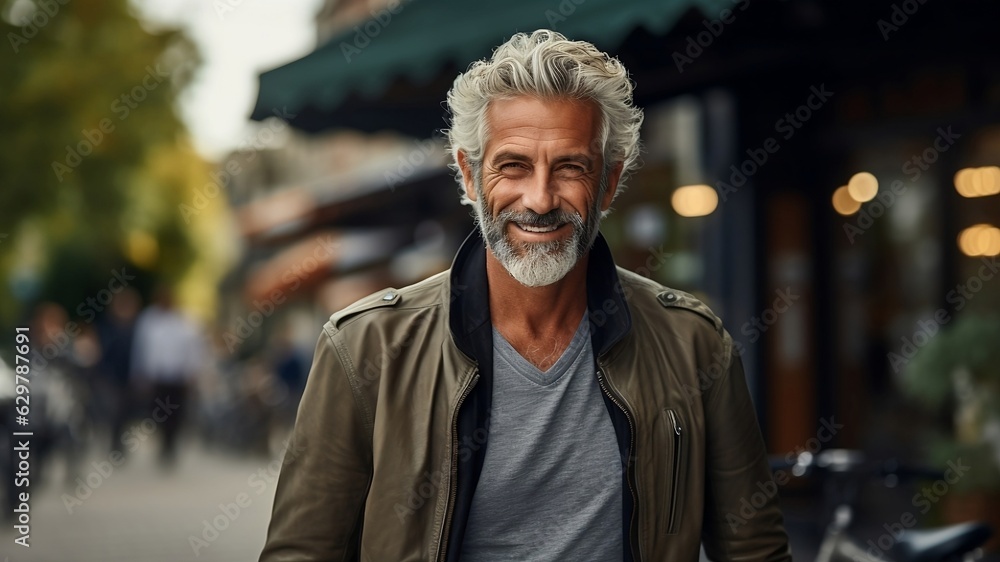 A portrait of a middle-aged grey haired man standing on a street during the day and smiling. A portrait of a middle-aged grey haired man standing on a street during the day and smiling.