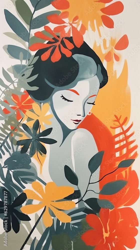 Woman with tropical flowers.