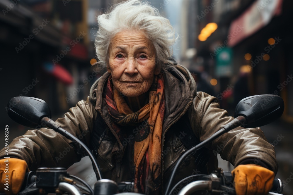 An elderly woman with a fun expression Face the city traffic on her bike. An elderly woman with a fun expression Face the city traffic on her bike.