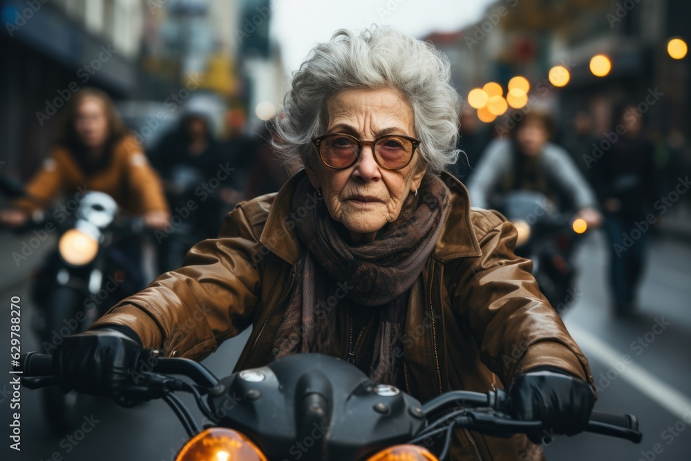 An elderly woman with a fun expression Face the city traffic on her bike. An elderly woman with a fun expression Face the city traffic on her bike.