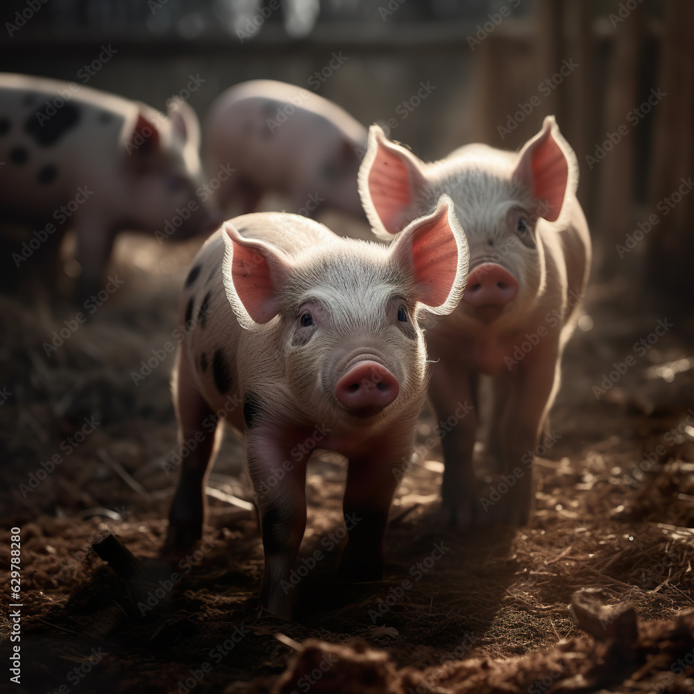 Little pigs on a farm. Lovely pigs outdoors in autumn. Cute little newborn piglets live in a barn. Realistic 3D illustration. Generative AI Little pigs on a farm. Lovely pigs outdoors in autumn. Cute little newborn piglets live in a barn. Realistic 3D illustration. Generative AI