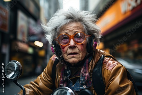 An elderly woman with a fun expression Face the city traffic on her bike. © sirisakboakaew