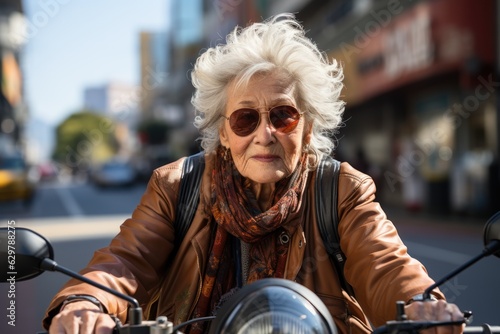 An elderly woman with a fun expression Face the city traffic on her bike.
