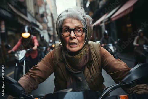 An elderly woman with a fun expression Face the city traffic on her bike.