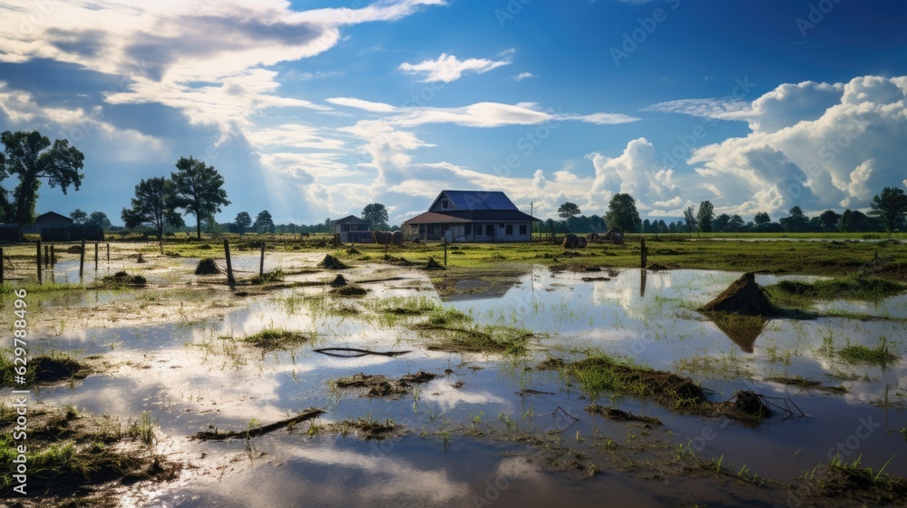 flooded farmland, illustrating the impact of heavy rainfall on agriculture generative ai flooded farmland, illustrating the impact of heavy rainfall on agriculture generative ai