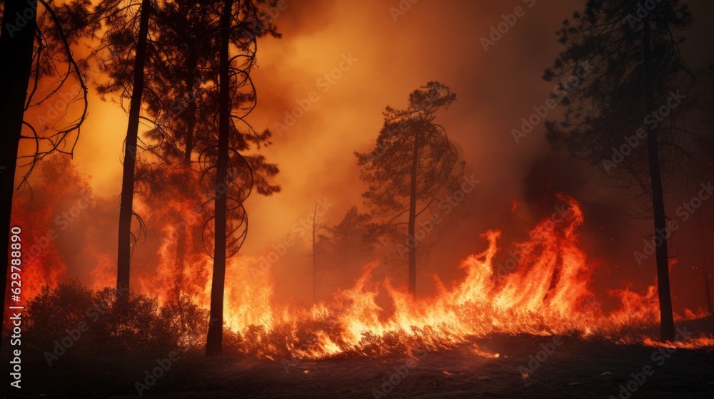 forest fire, with trees ablaze and smoke filling the air, symbolizing the destructive power of wildfires generative ai forest fire, with trees ablaze and smoke filling the air, symbolizing the destructive power of wildfires generative ai
