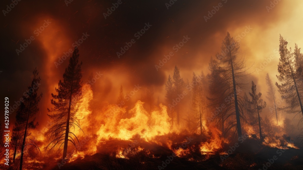 forest fire, with trees ablaze and smoke filling the air, symbolizing the destructive power of wildfires generative ai