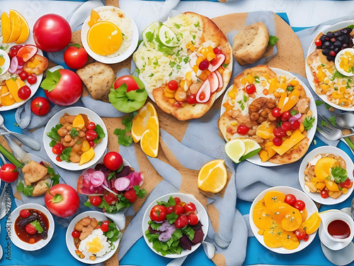 top view table full of delicious food composition in lovely colorful table