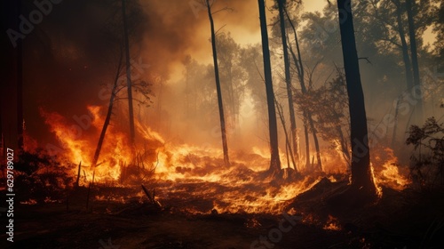 forest fire, with trees ablaze and smoke filling the air, symbolizing the destructive power of wildfires generative ai