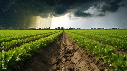 hailstorm damaging crops in a field, symbolizing the unpredictability and destructive power of weather generative ai