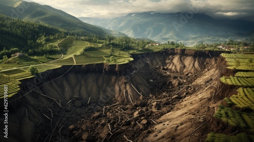 landslide in a mountainous region, illustrating the dangers of soil erosion and instability generative ai photo