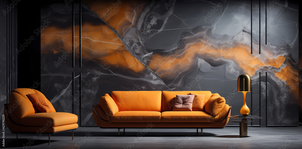 Shaped Canvas Retreat: Sofa in Soft Orange with Dark Wallpaper Shaped Canvas Retreat: Sofa in Soft Orange with Dark Wallpaper