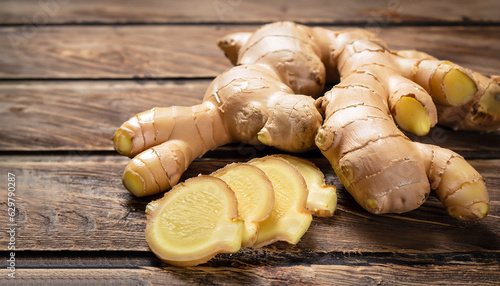 Canvas Print Whole root of fresh ginger and some slices on rustic wooden background