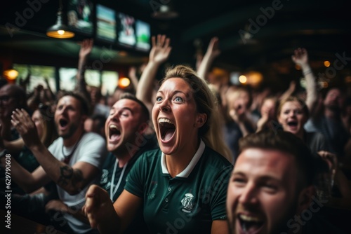 A group of American football fans watching the game live in a sports pub on TV. support their team The crowd was delighted when the team scored and won the title.