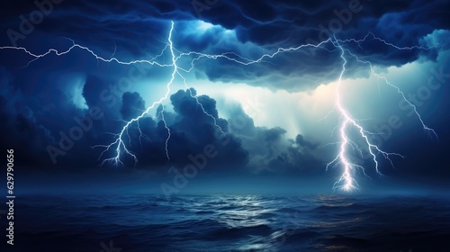 lightning storm over the ocean, symbolizing the unpredictability of weather patterns. generative ai