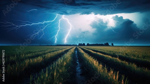 lightning strike in a field, representing the sudden and unpredictable nature of thunderstorms. generative ai