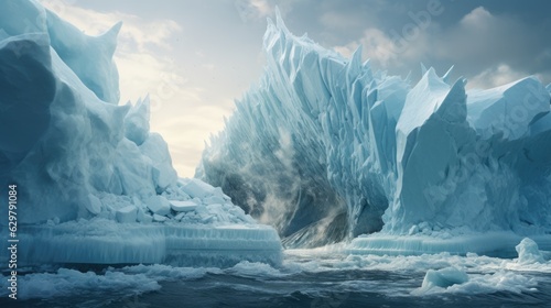 massive iceberg breaking off from a glacier, representing the effects of climate change generative ai