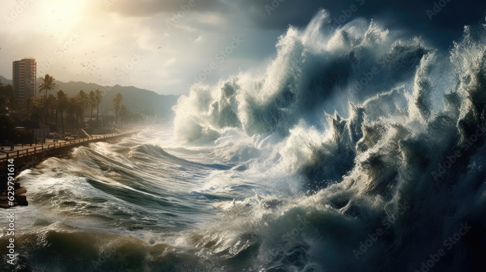 massive wave crashing onto the shore during a tsunami, illustrating the devastating impact of natural disasters generative ai massive wave crashing onto the shore during a tsunami, illustrating the devastating impact of natural disasters generative ai